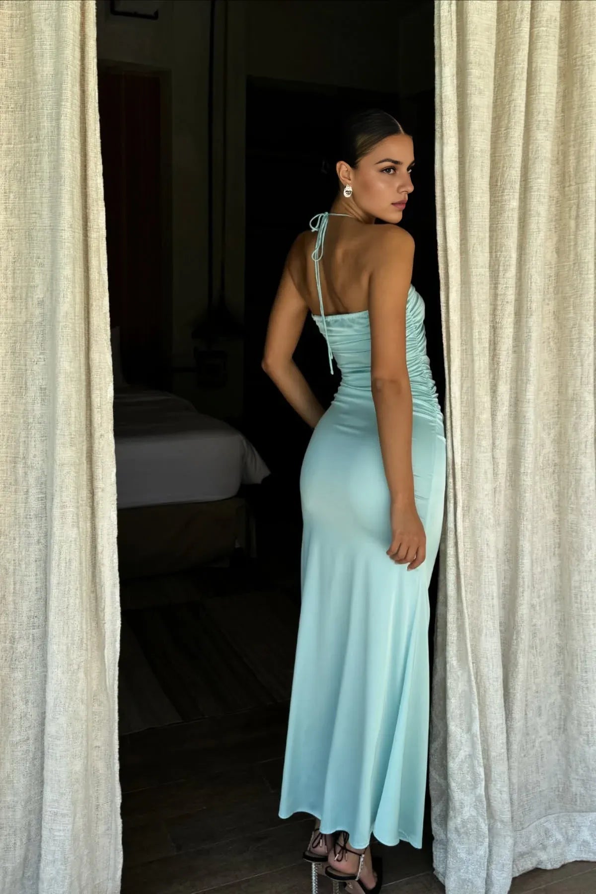 Robe fourreau Weitese, col licou, bleu sarcelle, longue robe de soirée avec trou de serrure, robe de bal 