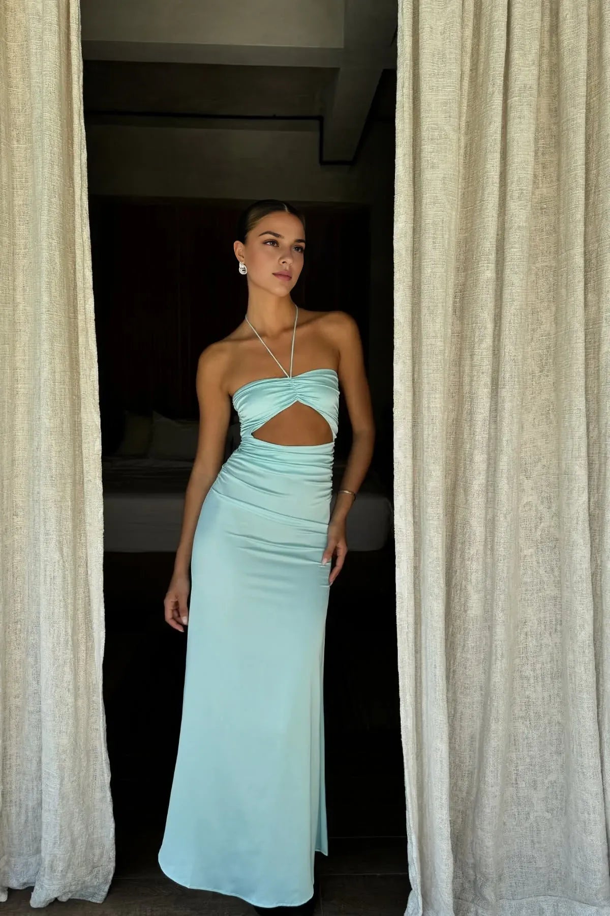 Vestido Weitese sexy con cuello halter, vestido de fiesta largo verde azulado con abertura en la espalda, vestido de graduación 