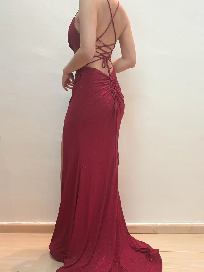 Weitese Dress Inspiration Mermaid Spaghetti Strap Red Satin Prom Dress Evening Dress With Slit Party Dress
