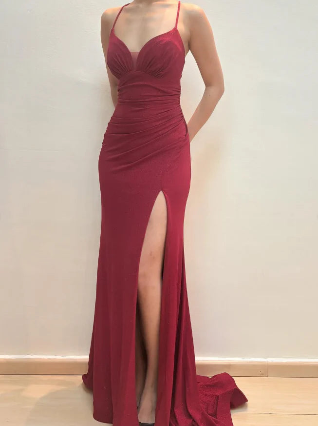 Weitese Dress Inspiration Mermaid Spaghetti Strap Red Satin Prom Dress Evening Dress With Slit Party Dress