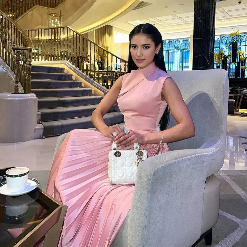 Vestido Weitese con dobladillo plisado irregular y cuello inclinado, vestido largo de fiesta, vestido plisado elegante sin mangas para graduación. 