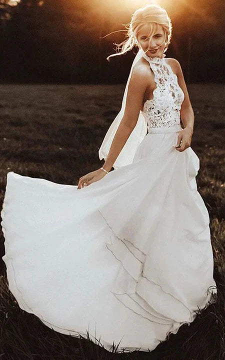 Weitese Dress Jewel-neck Strapless Chiffon Country Bride Dress With Lace Top Wedding Dress