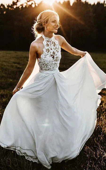 Weitese Dress Jewel-neck Strapless Chiffon Country Bride Dress With Lace Top Wedding Dress