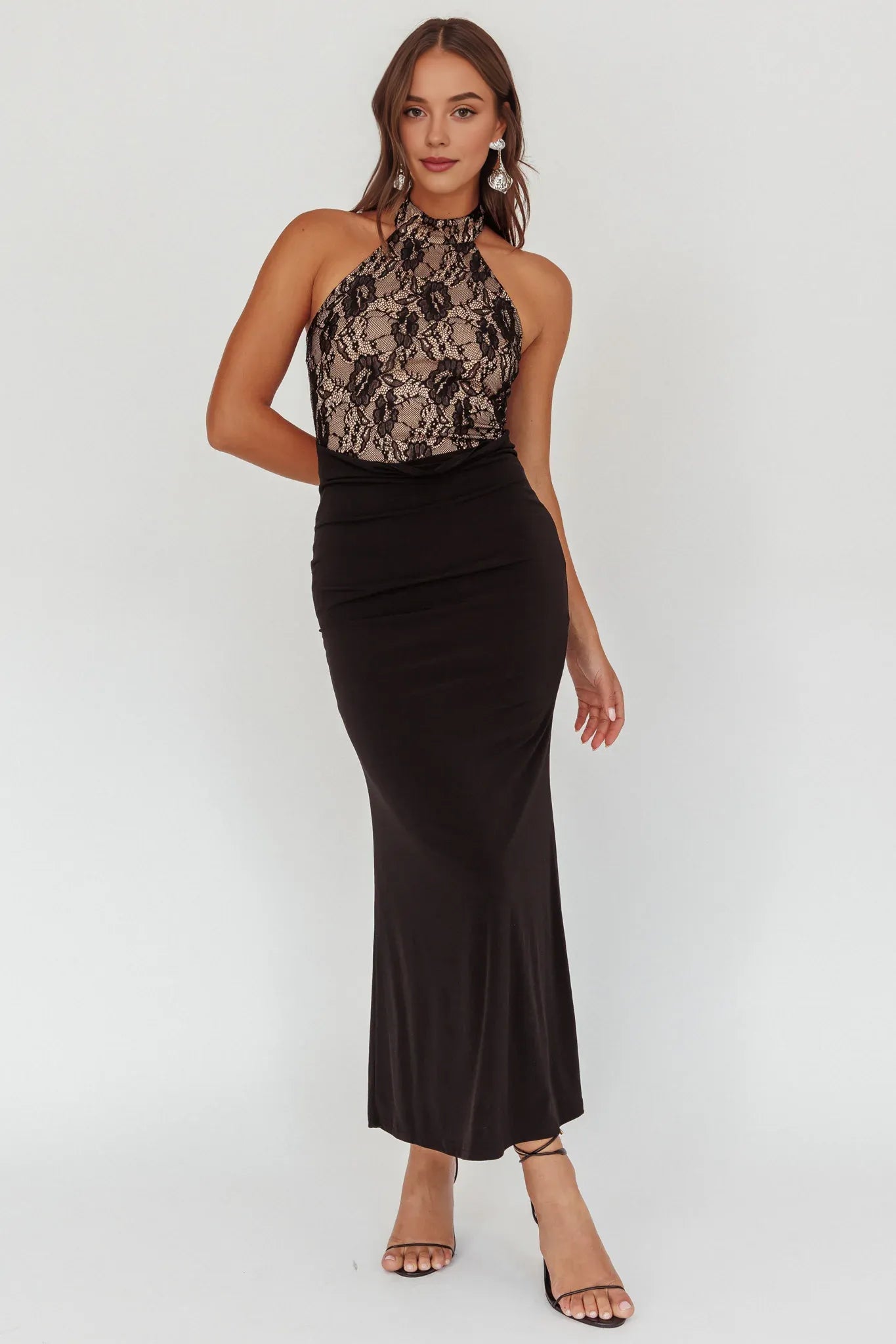 Weitese Dress Lace Bodice Halter Maxi Dress Black Backless Sheath/Column Party Dress