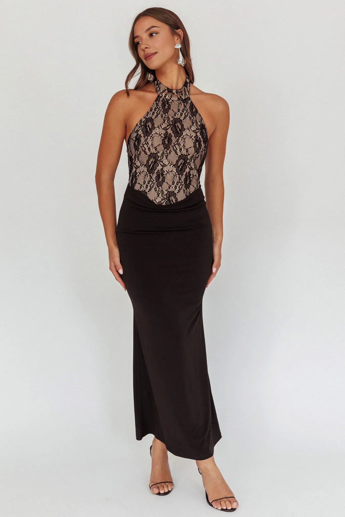 Weitese Dress Lace Bodice Halter Maxi Dress Black Backless Sheath/Column Party Dress