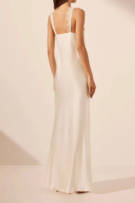 Vestido Weitese con tirantes de encaje, vestido largo con abertura, color marfil, escote en V profundo, sin mangas, vestido de fiesta, vestido de noche 