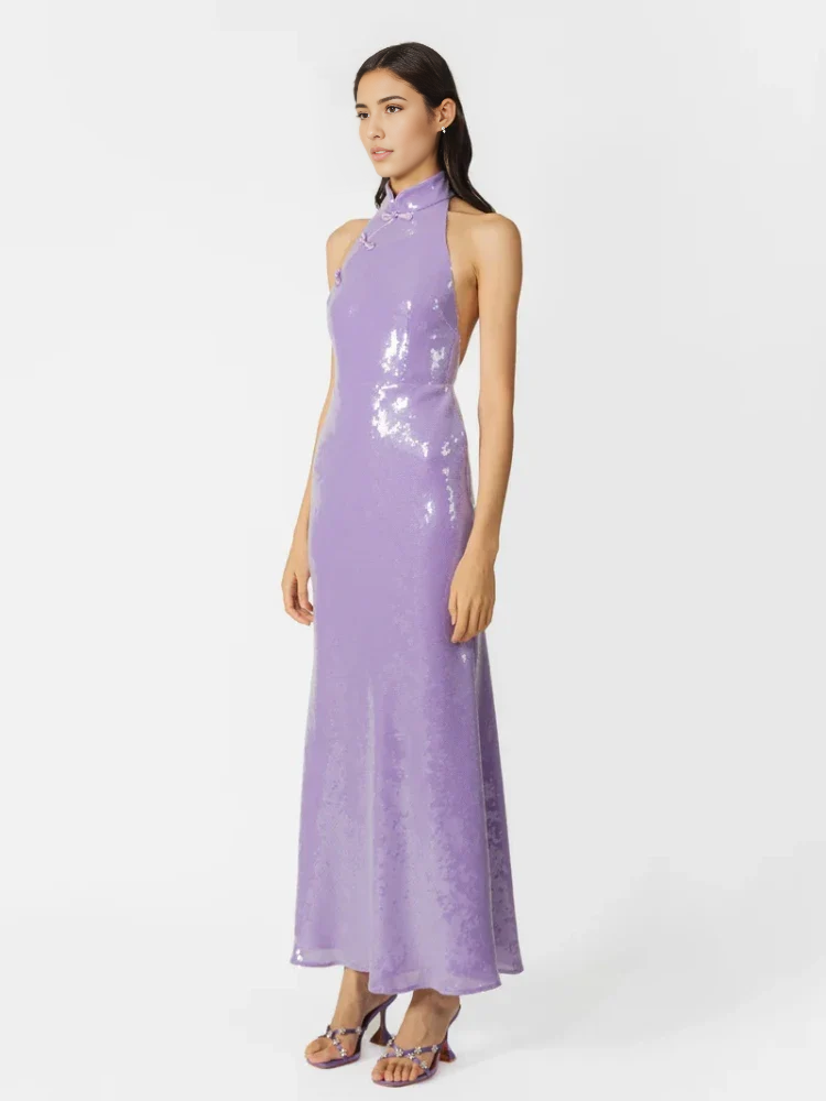 Weitese Dress Lavender Sequin Open Back Ankle Length Dress Party Dress Elegant Off Shoulder Prom Dress