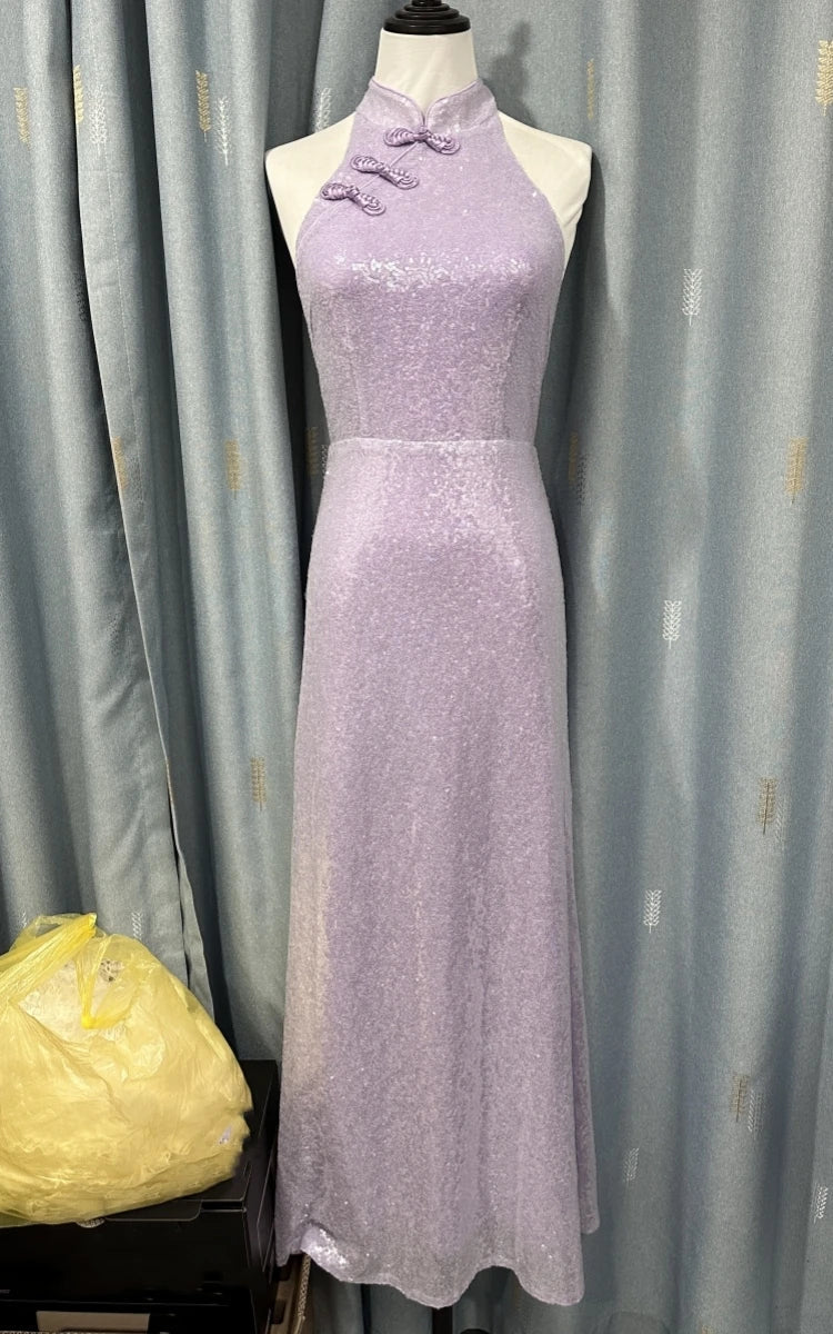 Weitese Dress Lavender Sequin Open Back Ankle Length Dress Party Dress Elegant Off Shoulder Prom Dress