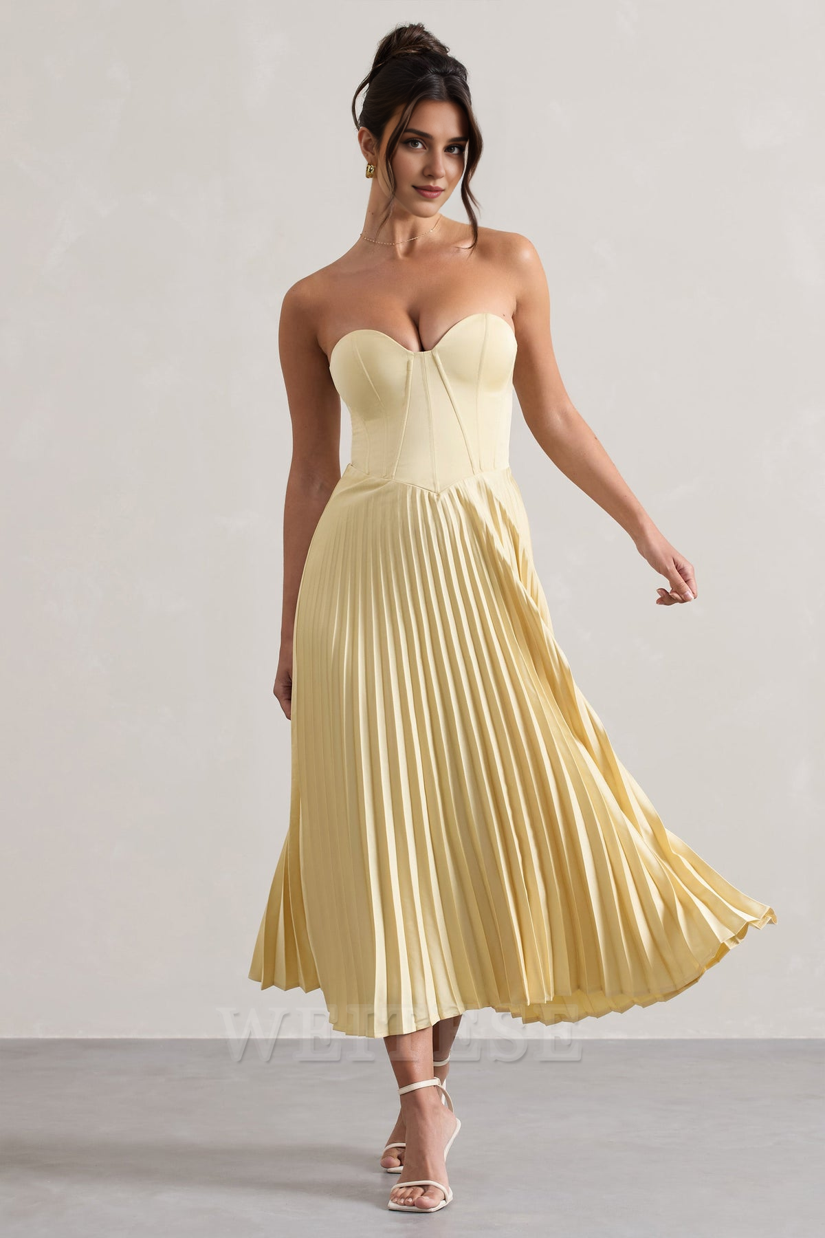 Weitese Dress Lemon Satin Corset Style Midi Dress Bridesmaid Dress Sweetheart Strapless A-line Pleated Prom Dress