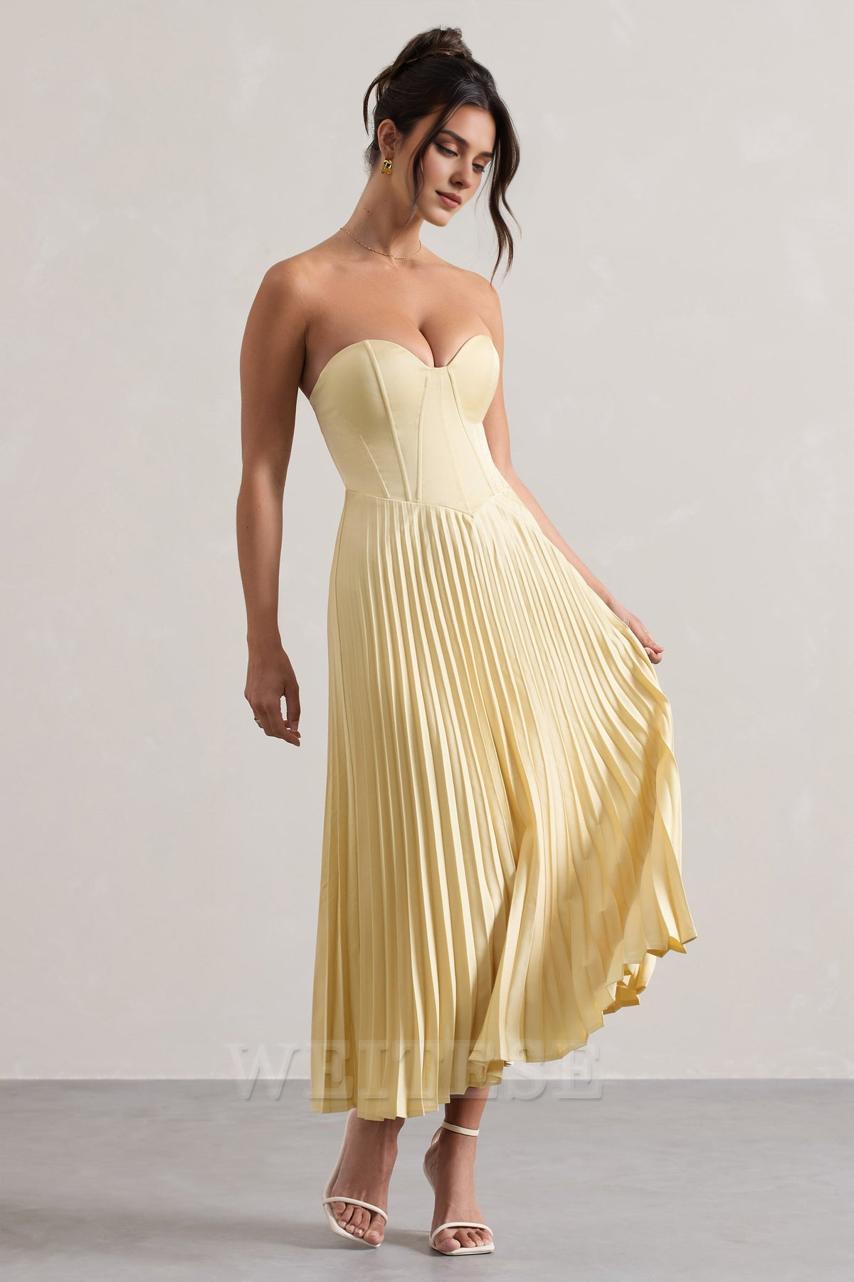 Weitese Dress Lemon Satin Corset Style Midi Dress Bridesmaid Dress Sweetheart Strapless A-line Pleated Prom Dress