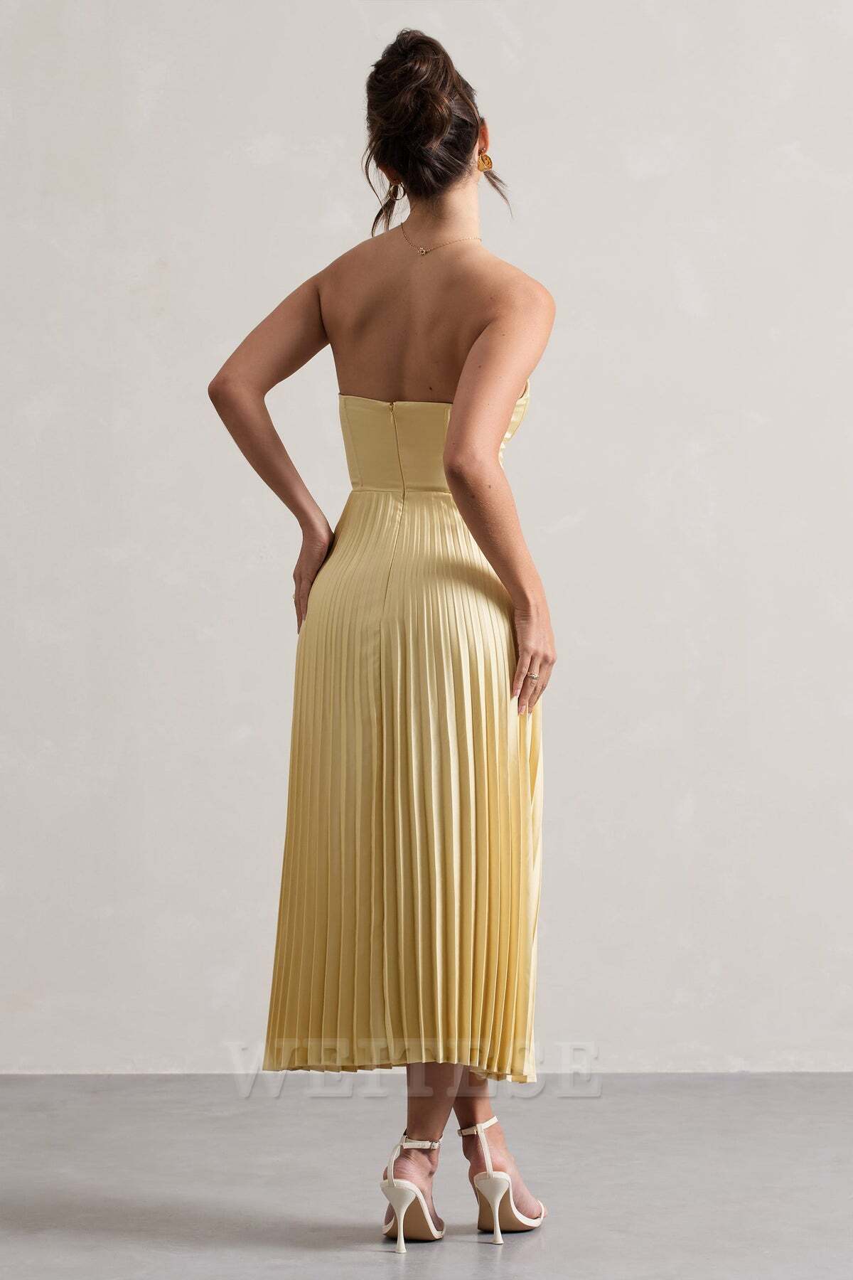 Weitese Dress Lemon Satin Corset Style Midi Dress Bridesmaid Dress Sweetheart Strapless A-line Pleated Prom Dress