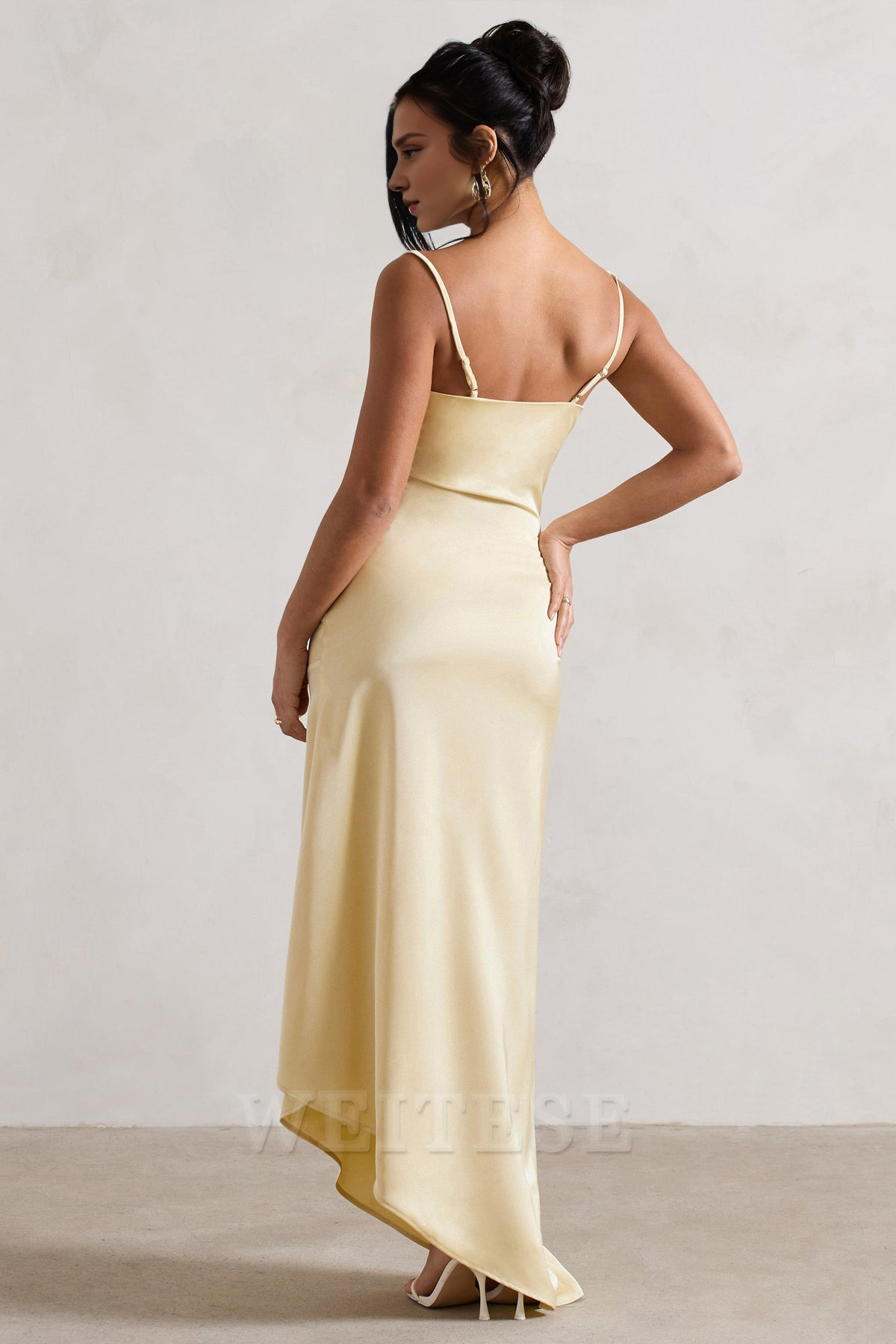 Weitese Dress Lemon Satin Cowl-Neck Asymmetric Maxi Dress Prom Dress Spaghetti Straps Sheath Sleeveless Bridesmaid Dress