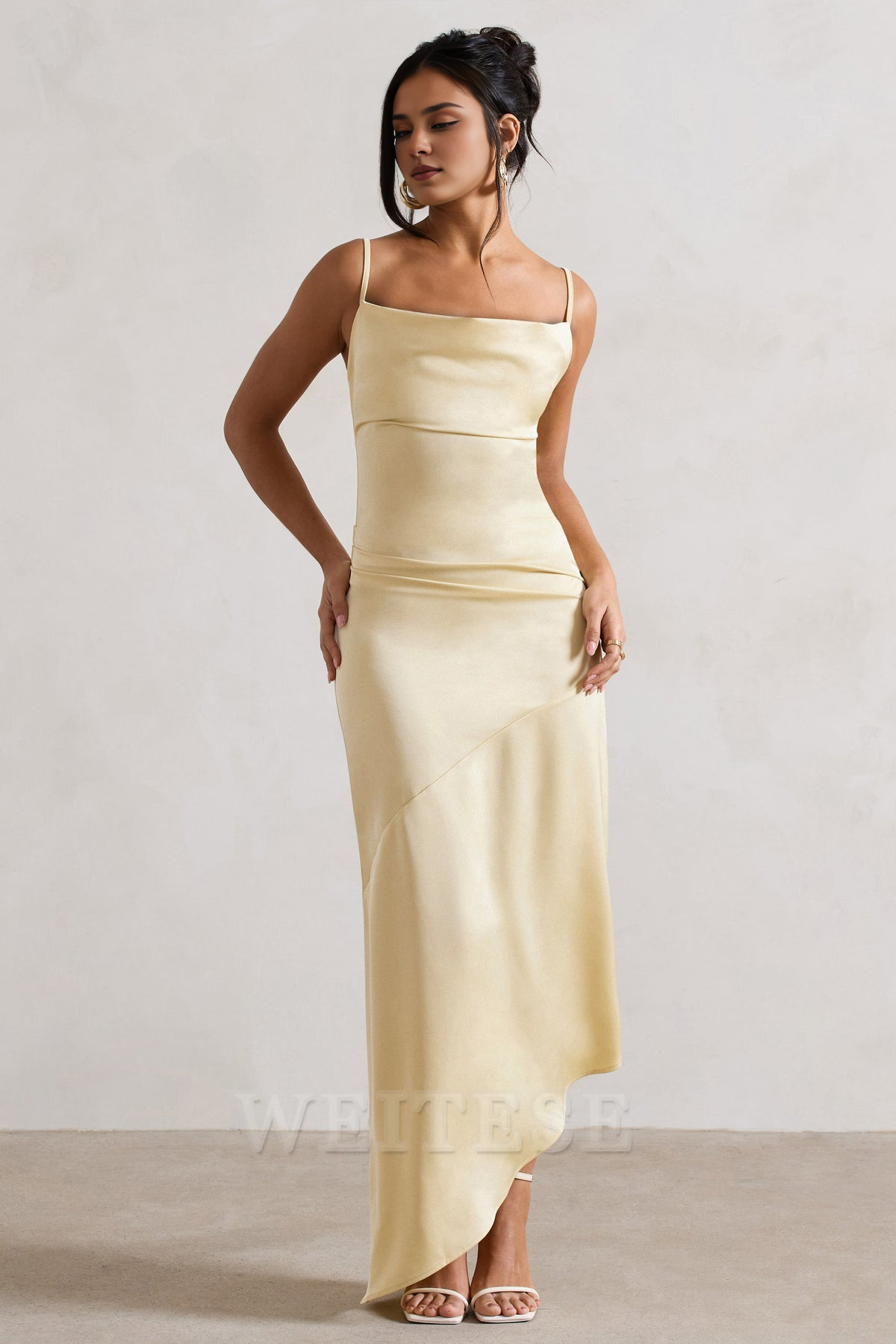 Weitese Dress Lemon Satin Cowl-Neck Asymmetric Maxi Dress Prom Dress Spaghetti Straps Sheath Sleeveless Bridesmaid Dress