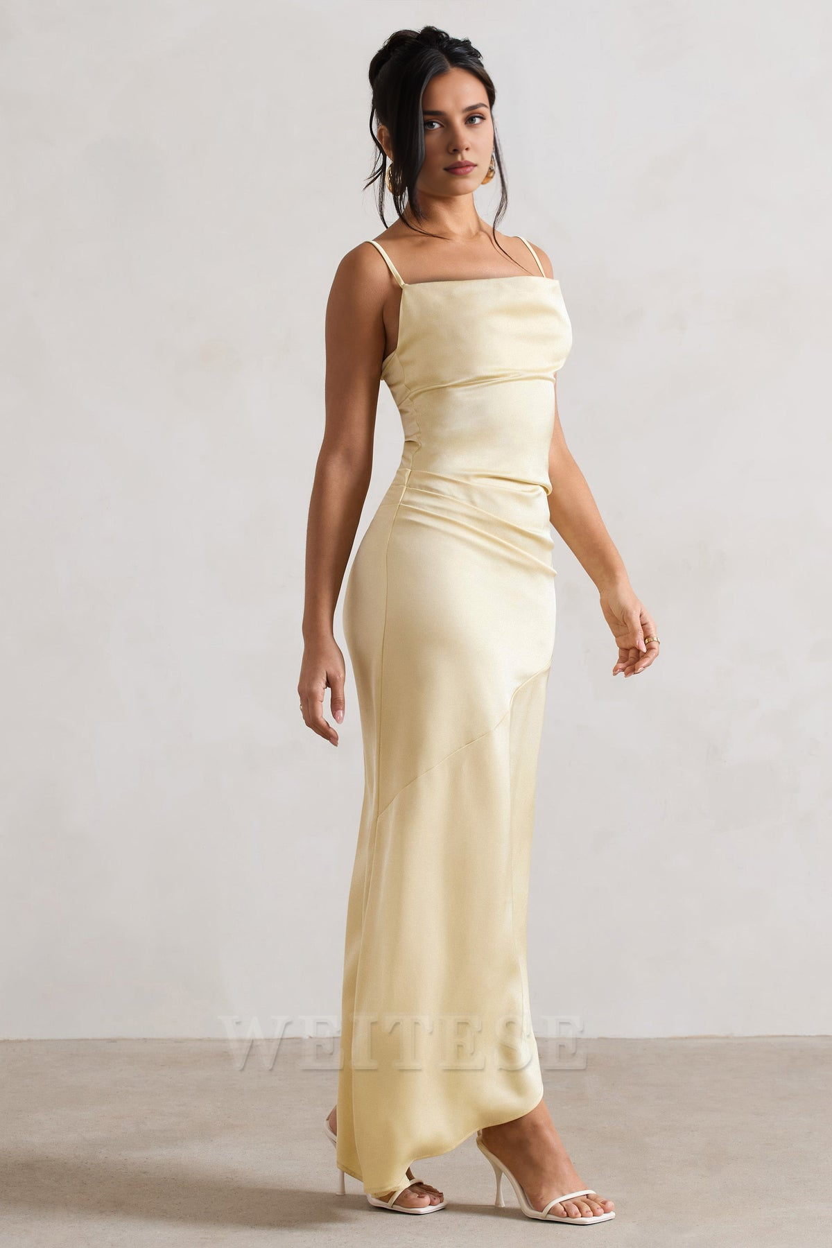 Weitese Dress Lemon Satin Cowl-Neck Asymmetric Maxi Dress Prom Dress Spaghetti Straps Sheath Sleeveless Bridesmaid Dress