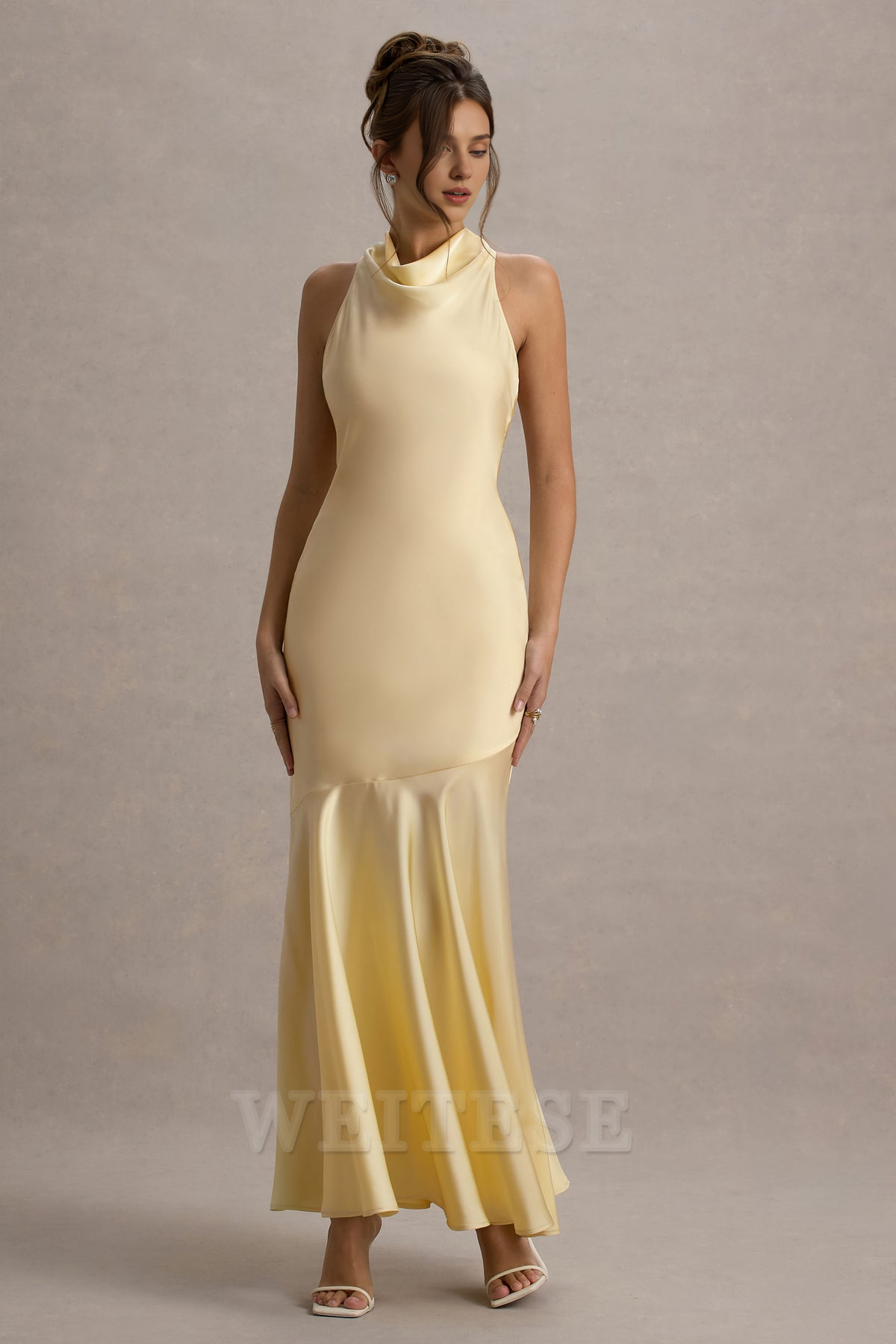 Weitese Dress Lemon Satin Cowl-Neck Maxi Dress Bridesmaid Dress Low Backless Floor Length Sheath Prom Dress