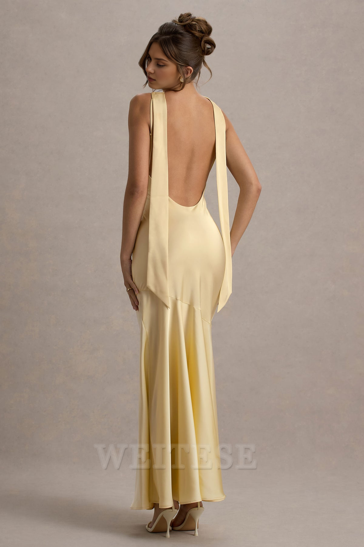 Weitese Dress Lemon Satin Cowl-Neck Maxi Dress Bridesmaid Dress Low Backless Floor Length Sheath Prom Dress