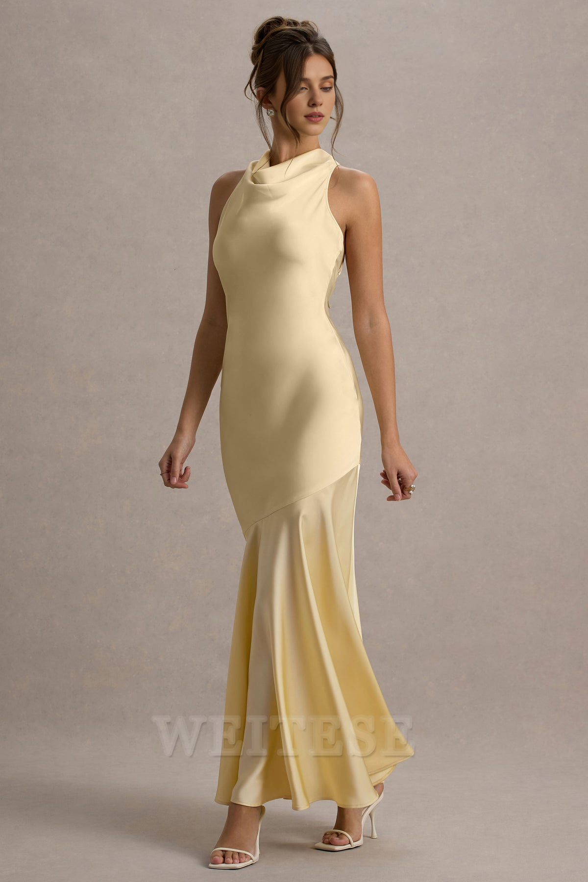 Weitese Dress Lemon Satin Cowl-Neck Maxi Dress Bridesmaid Dress Low Backless Floor Length Sheath Prom Dress