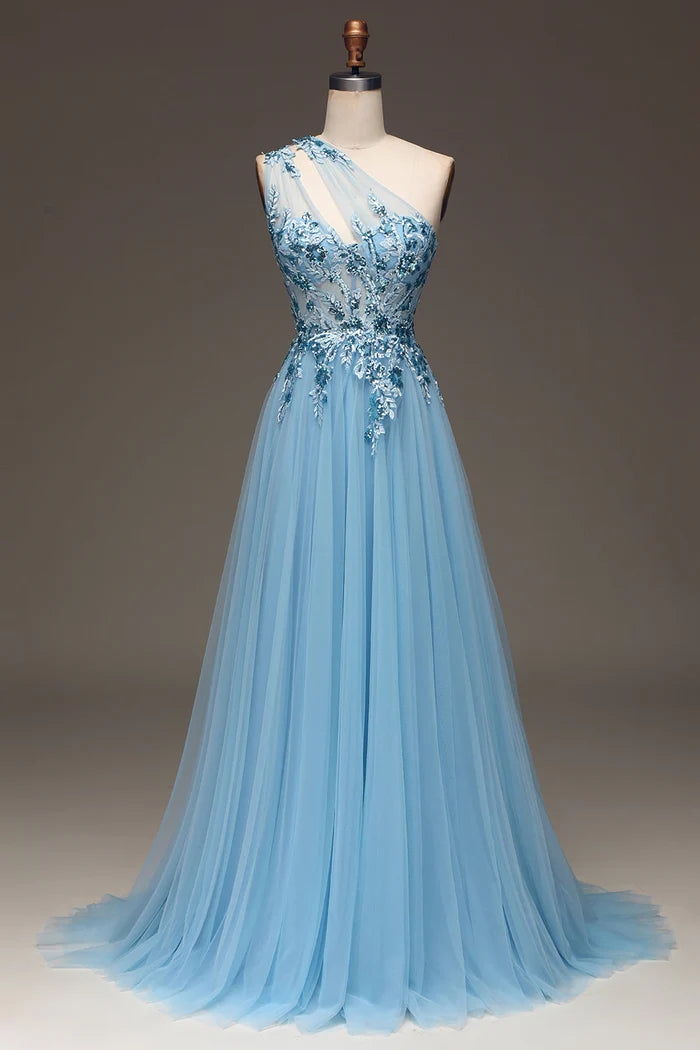 Weitese Dress Light Blue A-Line One Shoulder Sequin Party Dress With Appliques Prom Dress