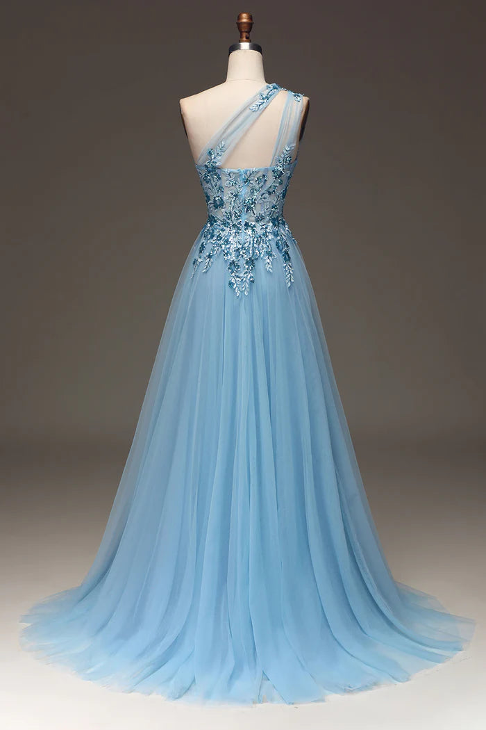 Weitese Dress Light Blue A-Line One Shoulder Sequin Party Dress With Appliques Prom Dress