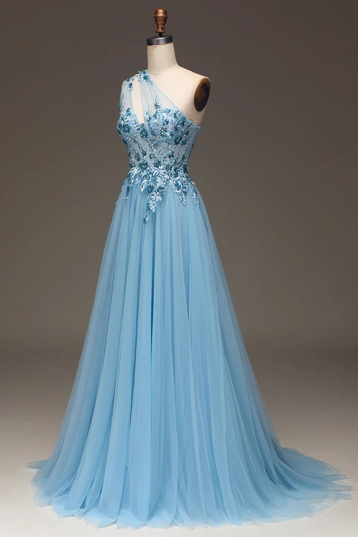 Weitese Dress Light Blue A-Line One Shoulder Sequin Party Dress With Appliques Prom Dress