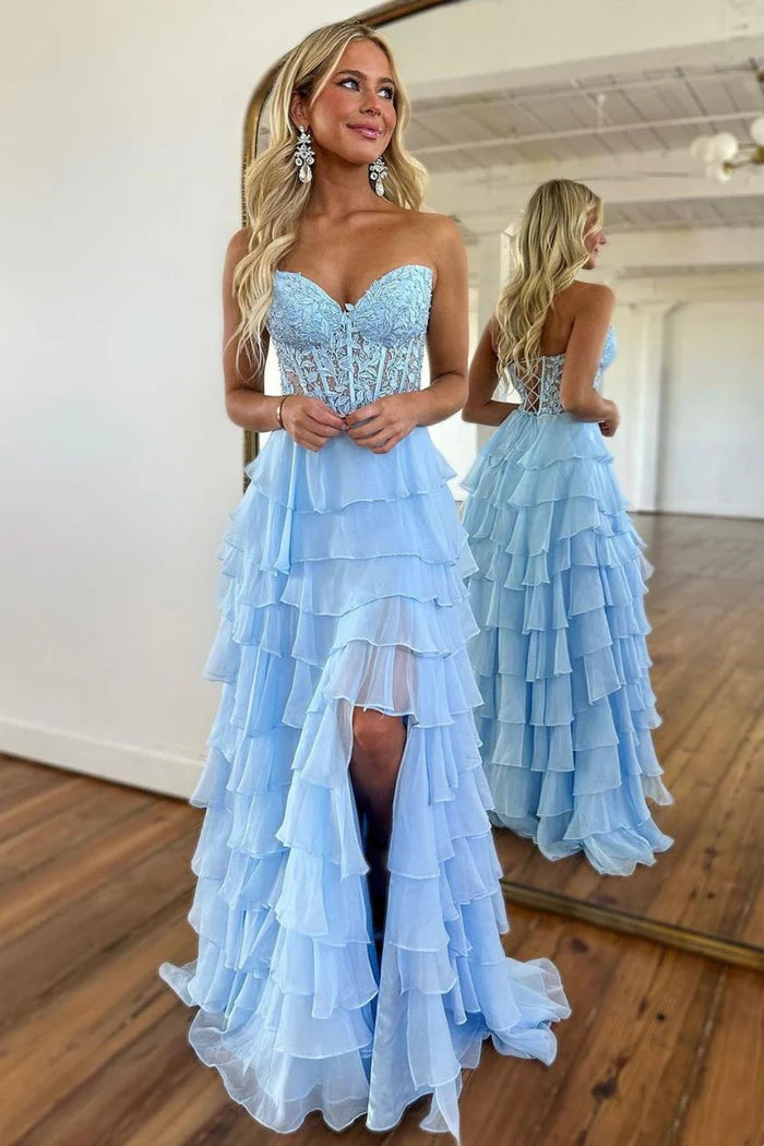 Weitese Dress Light Blue A-Line Sweetheart Sleevelsss Lace And Chiffon Prom Dress With Appliques Slit