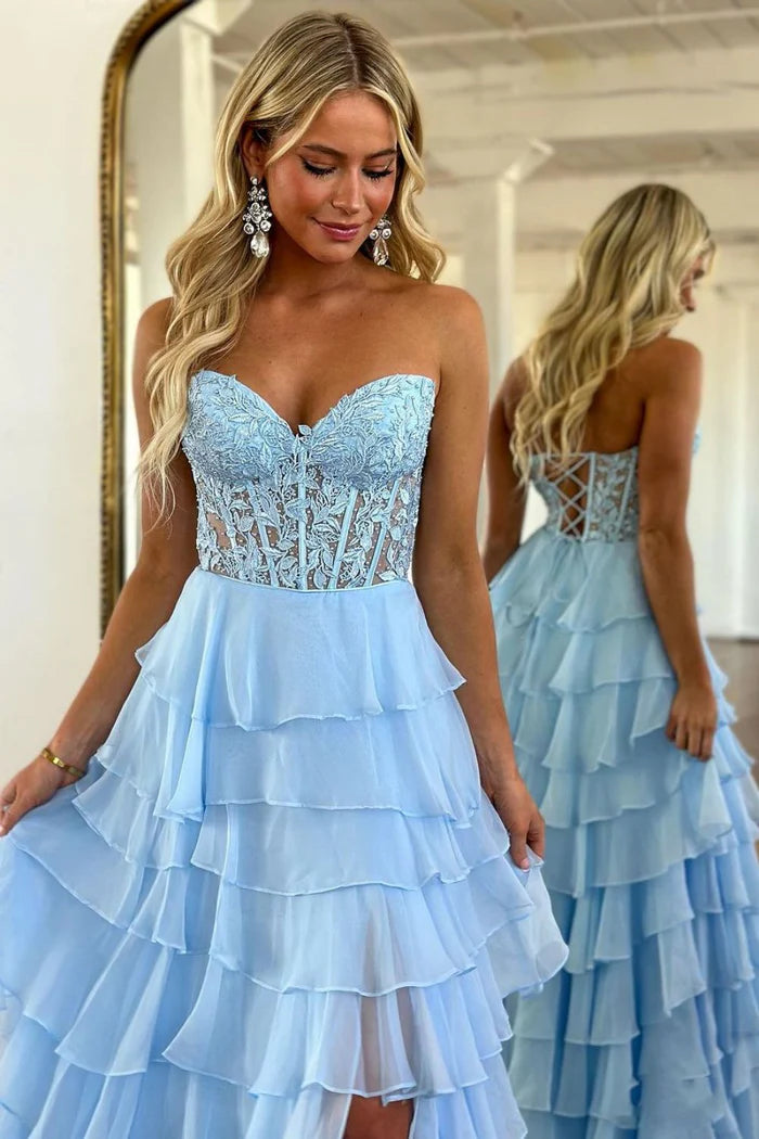 Weitese Dress Light Blue A-Line Sweetheart Sleevelsss Lace And Chiffon Prom Dress With Appliques Slit