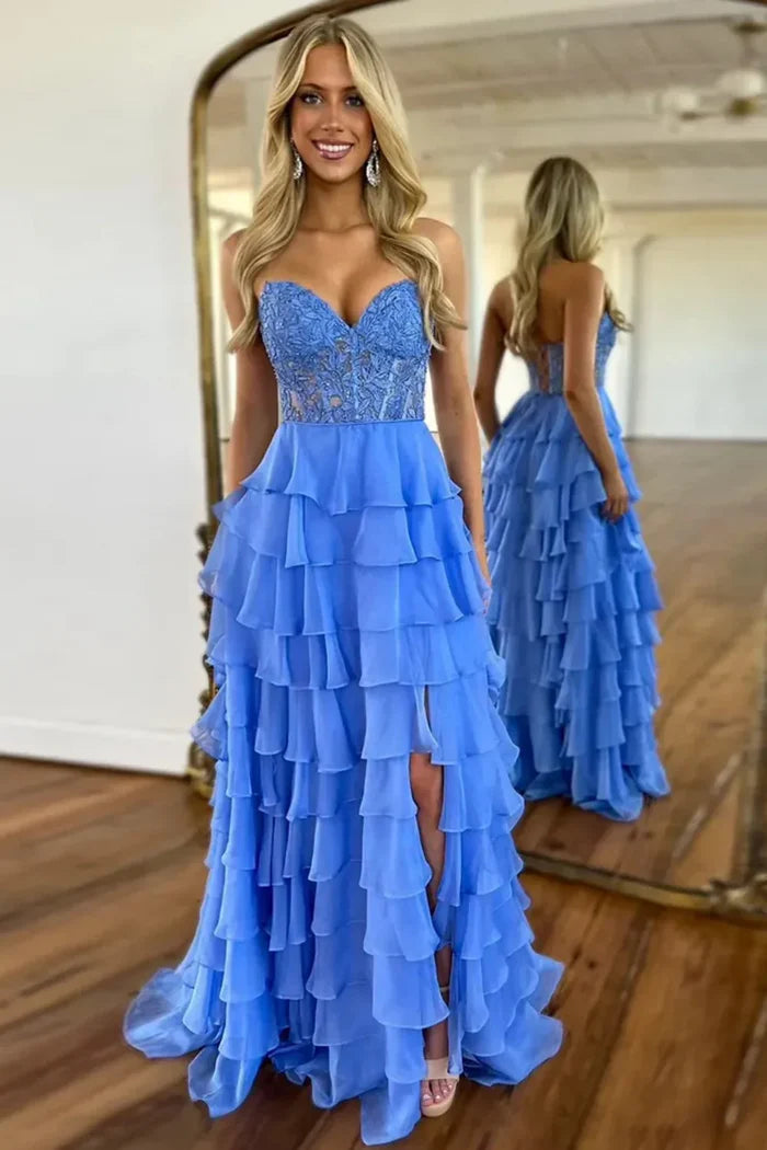 Robe de bal Weitese bleu clair, coupe trapèze, manches en cœur, en dentelle et mousseline, avec fente appliquée 