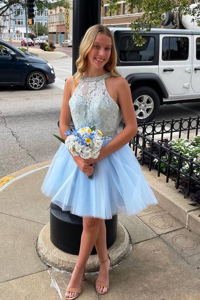 Weitese Dress Light Blue A-line Sleeveless Lace Tulle Lace Up Short Homecoming Dress