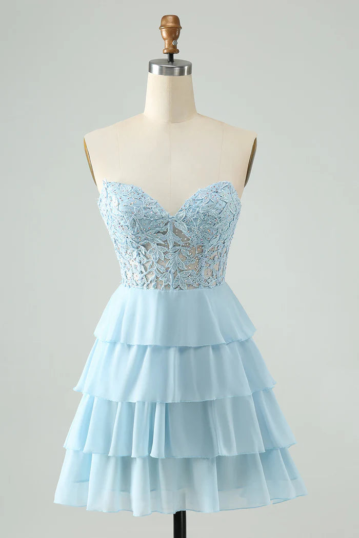 Weitese Dress Light Blue A Line Sweetheart Short Homecoming Dress Sleeveless Tiered Party Dress