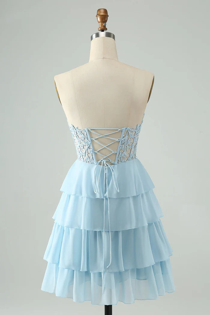 Weitese Dress Light Blue A Line Sweetheart Short Homecoming Dress Sleeveless Tiered Party Dress