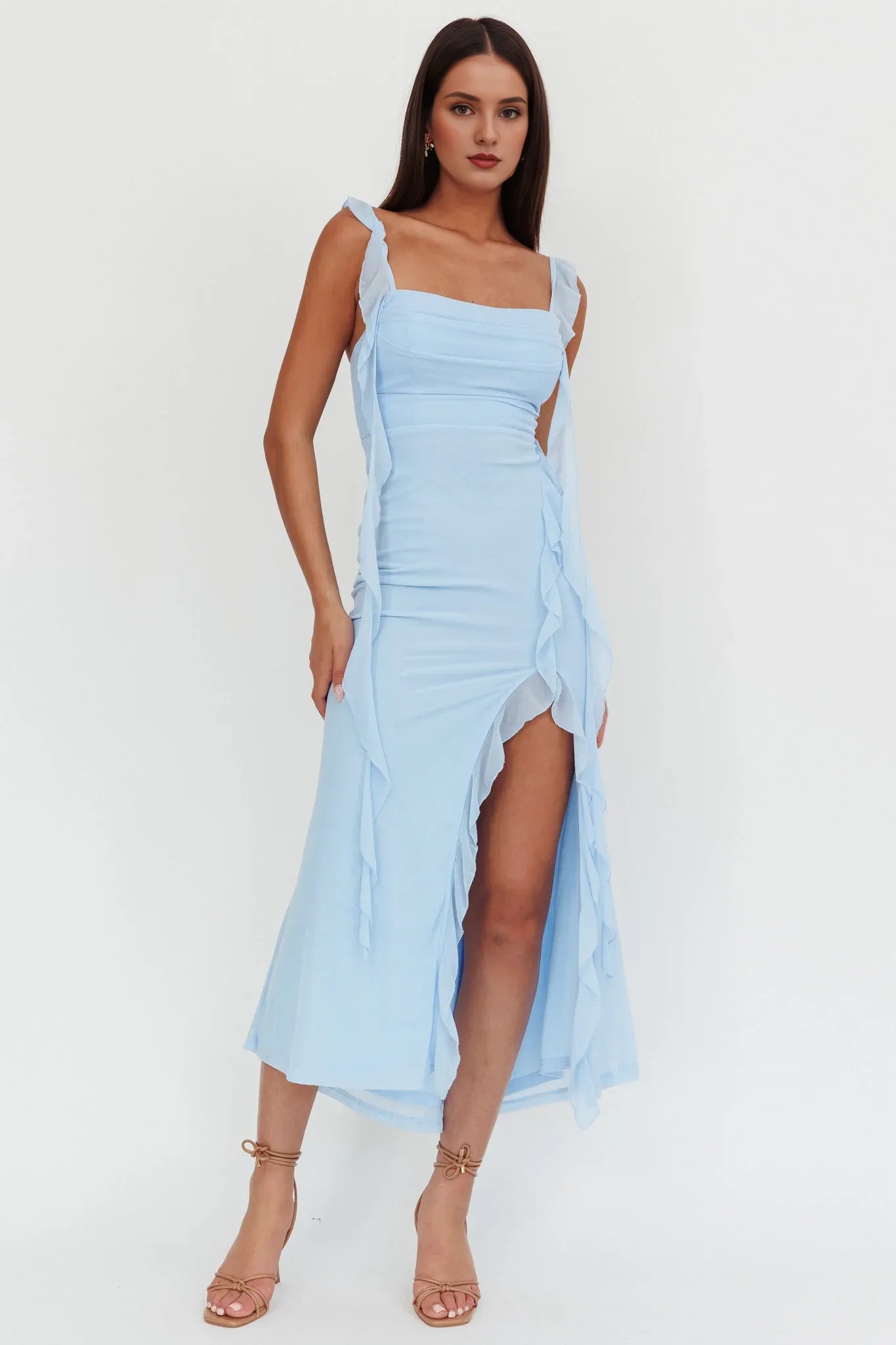 Weitese Dress Light Blue Chiffon Maxi Dress with Square Neck Ruffled Straps and Asymmetric Slit Prom Dress