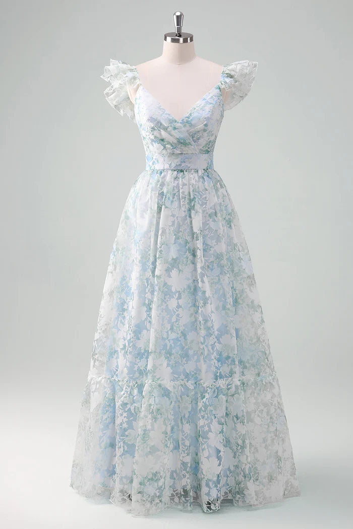 Weitese Dress Light Blue Flower Printed A-Line Cap Sleeves Zipper Up Long Prom Dress