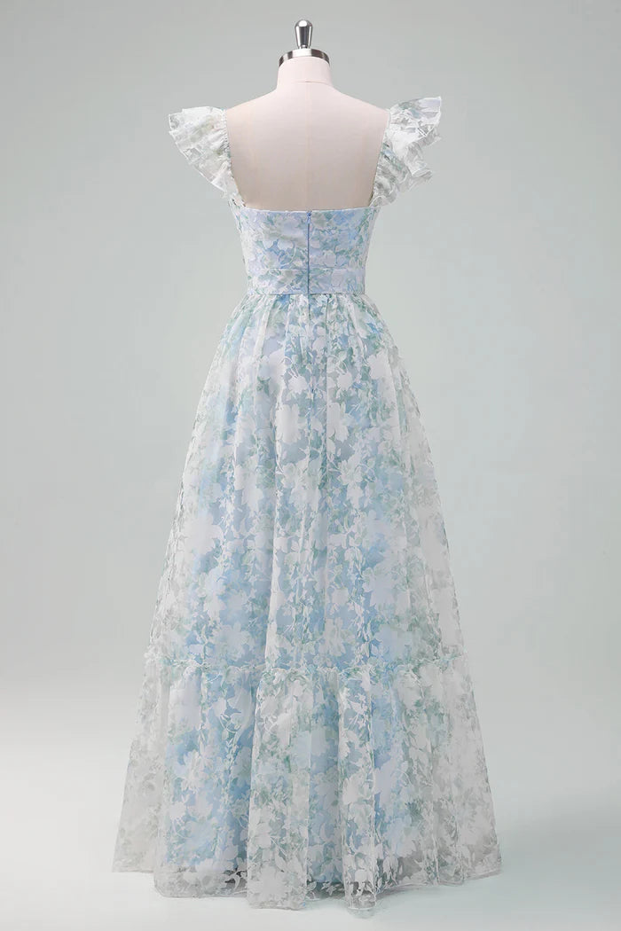 Weitese Dress Light Blue Flower Printed A-Line Cap Sleeves Zipper Up Long Prom Dress