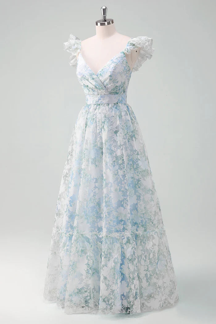 Weitese Dress Light Blue Flower Printed A-Line Cap Sleeves Zipper Up Long Prom Dress