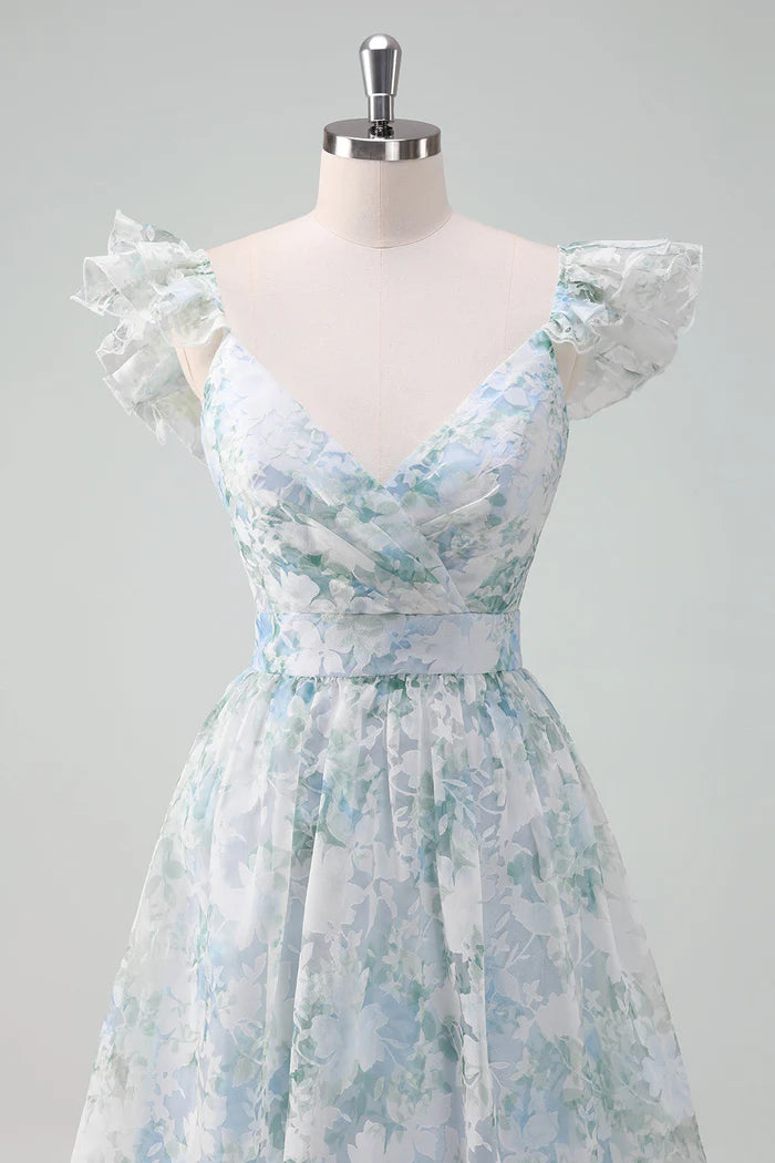 Weitese Dress Light Blue Flower Printed A-Line Cap Sleeves Zipper Up Long Prom Dress