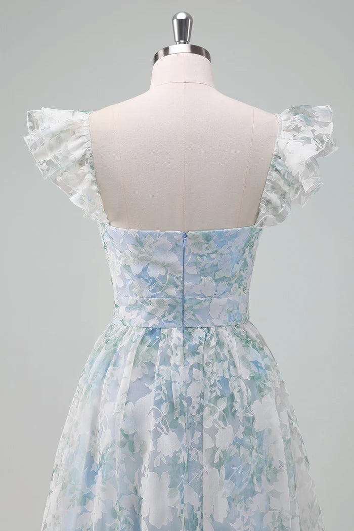 Weitese Dress Light Blue Flower Printed A-Line Cap Sleeves Zipper Up Long Prom Dress