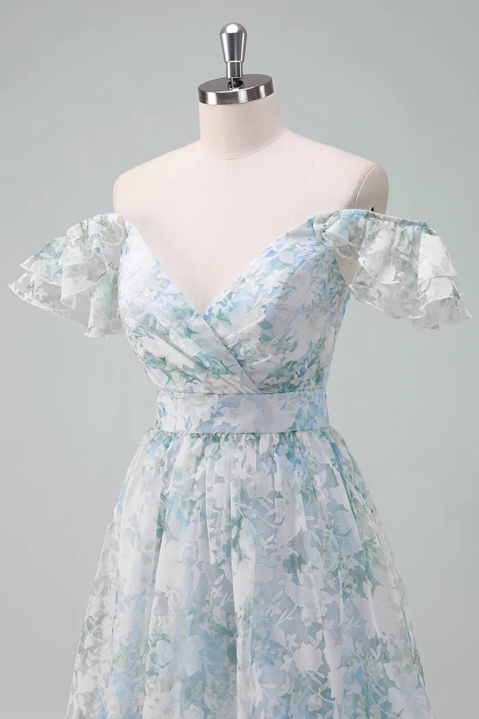 Weitese Dress Light Blue Flower Printed A-Line Cap Sleeves Zipper Up Long Prom Dress