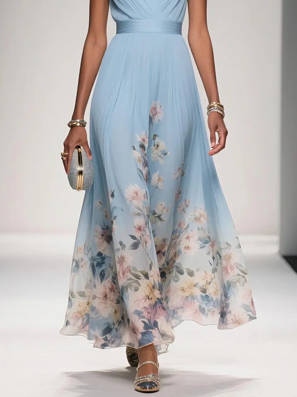 Weitese Dress Light Blue Romantic Floral Chiffon V Neck Sleeveless A-Line Maxi Dress Pleats Prom Dress