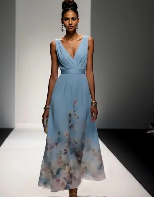 Weitese Dress Light Blue Romantic Floral Chiffon V Neck Sleeveless A-Line Maxi Dress Pleats Prom Dress