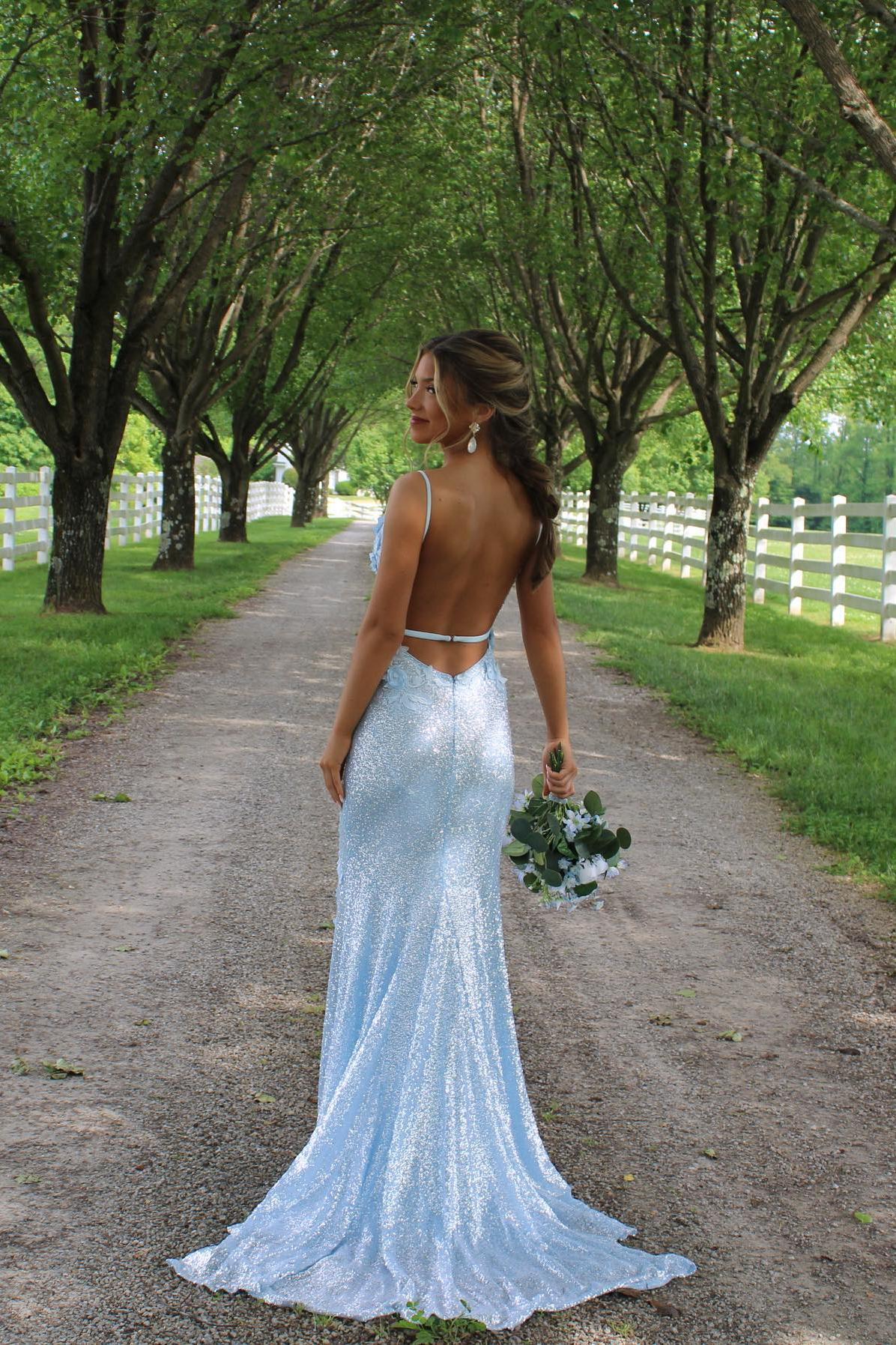 Vestido Weitese azul claro con lentejuelas, vestido formal ajustado con flores 3D, vestido de fiesta 