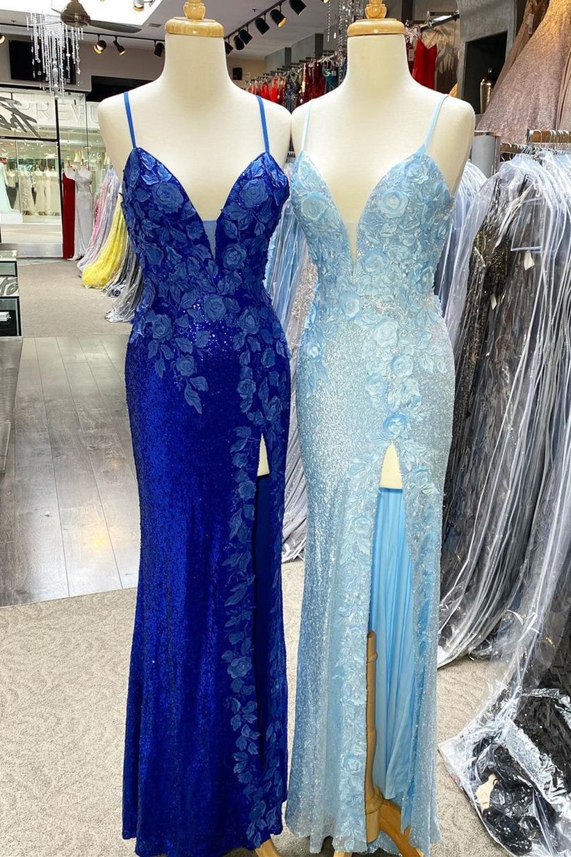 Vestido Weitese azul claro con lentejuelas, vestido formal ajustado con flores 3D, vestido de fiesta 