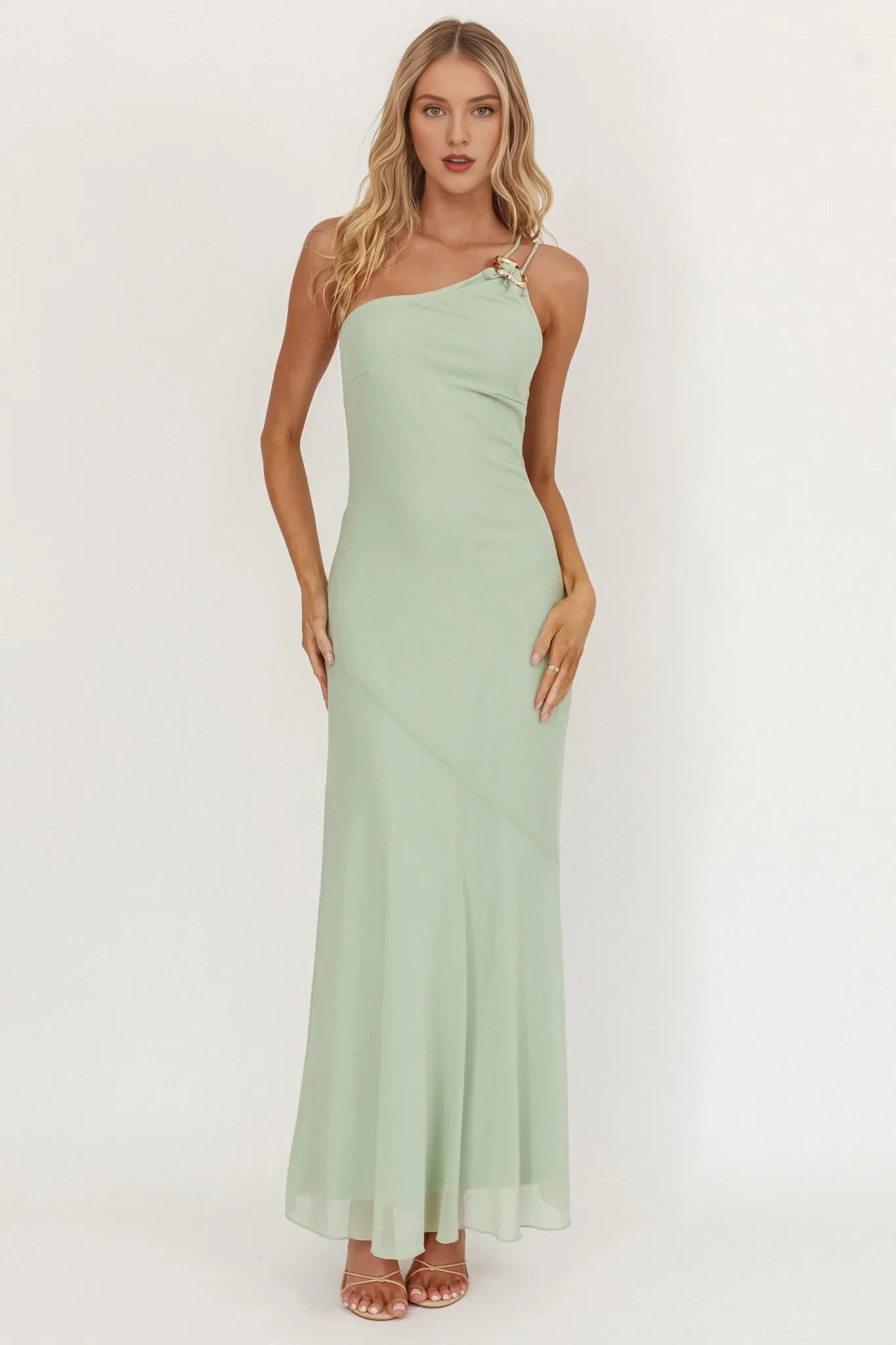 Weitese Dress Light Green Chiffon Maxi Dress with One Shoulder Neckline and Asymmetric Strap Detail Prom Dress