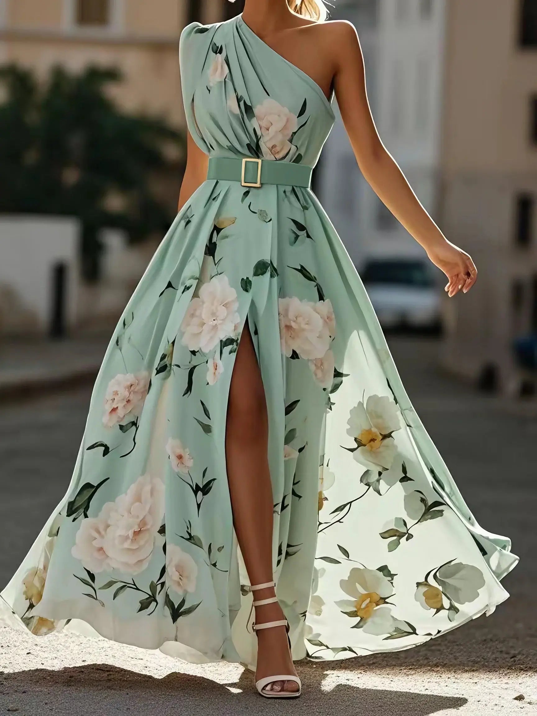 Weitese Dress Light Green Floral Ruched One Shoulder A-Line Maxi Chiffon Romantic Flower Printed Dress Maxi Dress