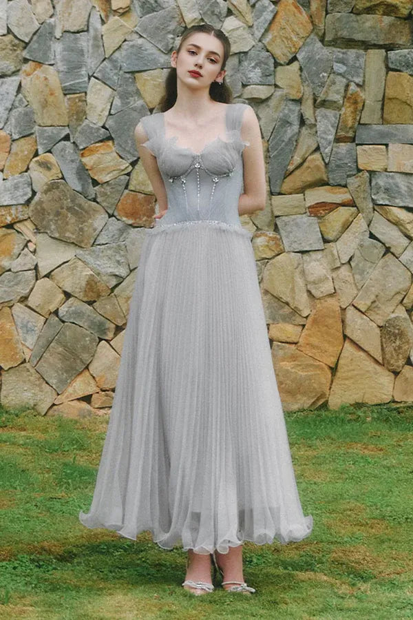 Weitese Dress Light Grey A-line Corset Waist Ankle Length Maxi Dress Sleeveless Elegant Pleated Backless Prom Dress