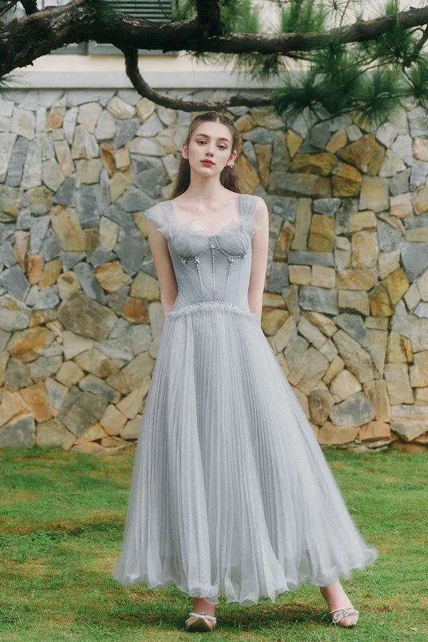 Weitese Dress Light Grey A-line Corset Waist Ankle Length Maxi Dress Sleeveless Elegant Pleated Backless Prom Dress