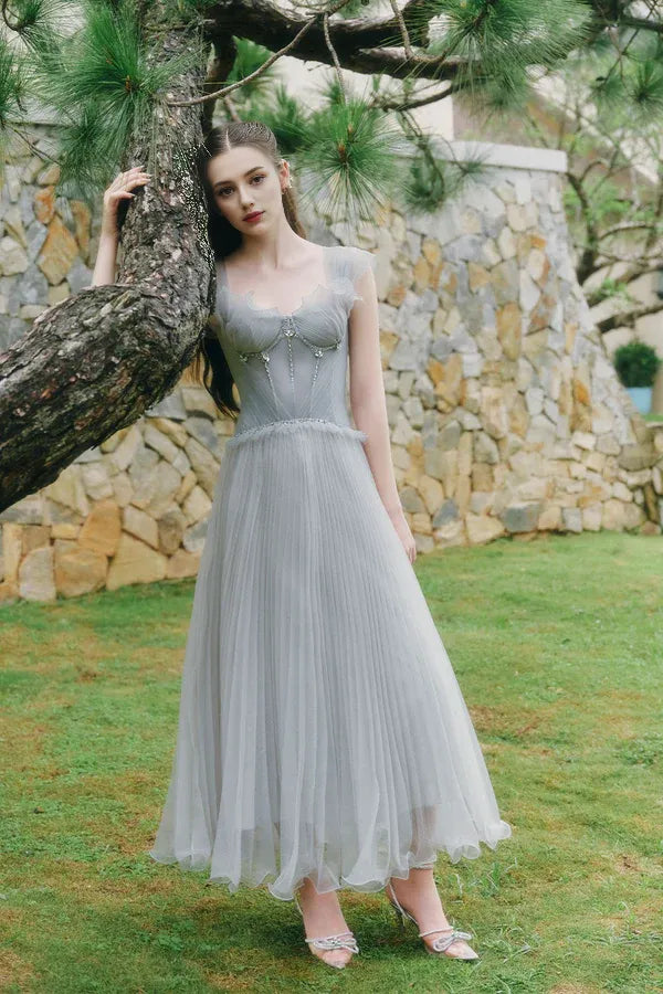 Weitese Dress Light Grey A-line Corset Waist Ankle Length Maxi Dress Sleeveless Elegant Pleated Backless Prom Dress