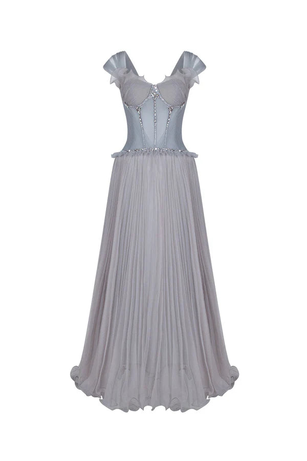Weitese Dress Light Grey A-line Corset Waist Ankle Length Maxi Dress Sleeveless Elegant Pleated Backless Prom Dress