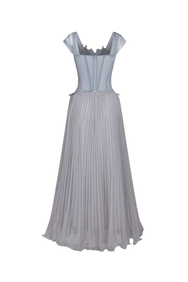 Weitese Dress Light Grey A-line Corset Waist Ankle Length Maxi Dress Sleeveless Elegant Pleated Backless Prom Dress