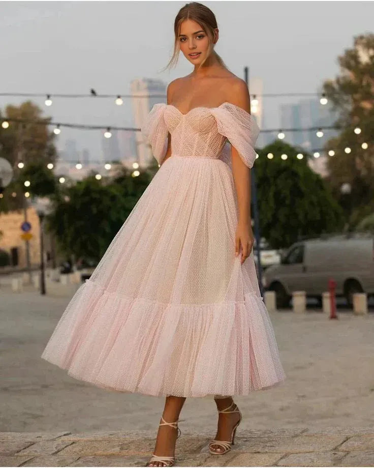 Robe Weitese rose clair, coupe trapèze, épaules dénudées, en tulle, longueur thé, robe de soirée 