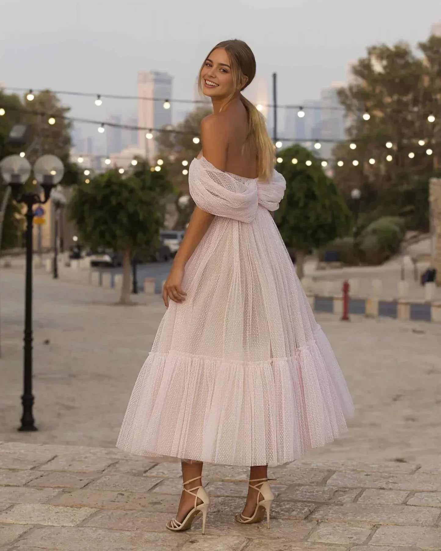 Robe Weitese rose clair, coupe trapèze, épaules dénudées, en tulle, longueur thé, robe de soirée 